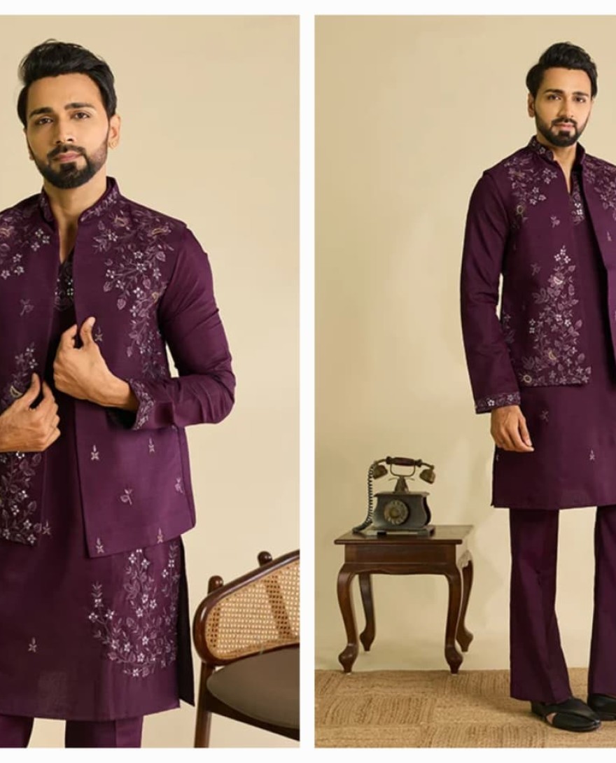 MAROON - Royal Maroon Mirror Work Koti Kurta Set for Mens Wear
